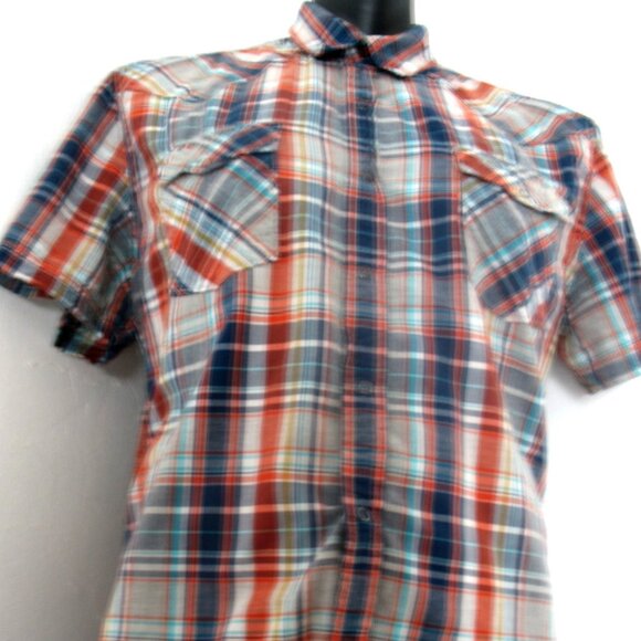 Ruff Hewn Button Up Shirt Men's Blue/Orange Plaid Size Large Short sleeves. - Picture 4 of 10